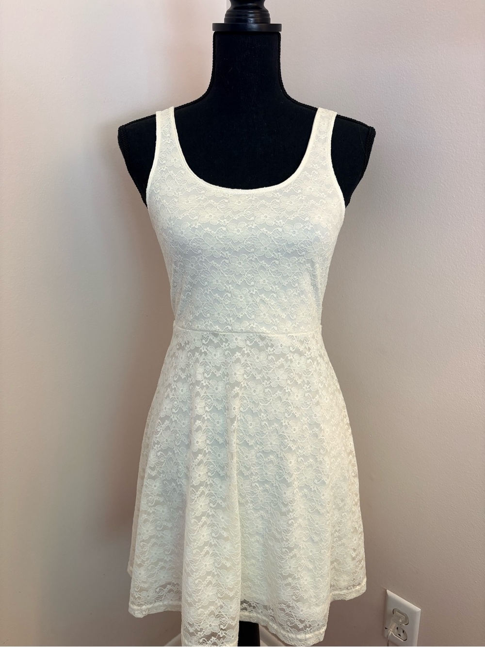 Express Cream Lace Scoop Neck Mini Dress